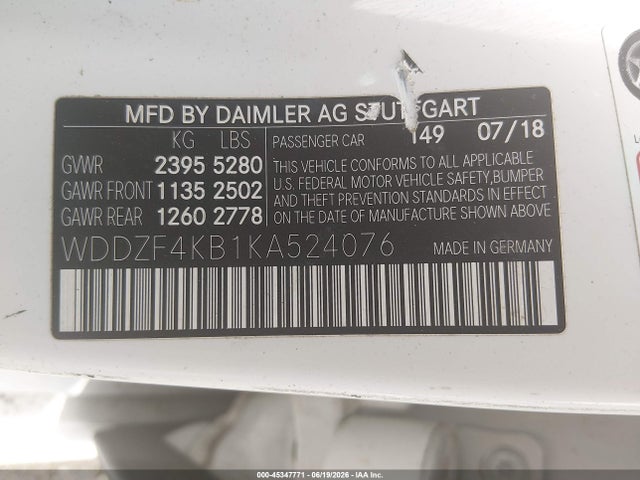 2019 Mercedes-benz E 300 4matic მანქანა იყიდება აუქციონზე, vin: WDDZF4KB1KA524076, აუქციონის ნომერი: 45347771
