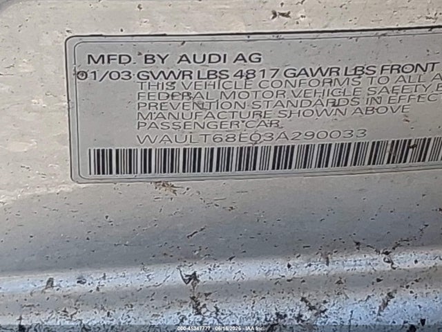 2003 Audi A4 3.0 მანქანა იყიდება აუქციონზე, vin: WAULT68E03A290033, აუქციონის ნომერი: 45347777