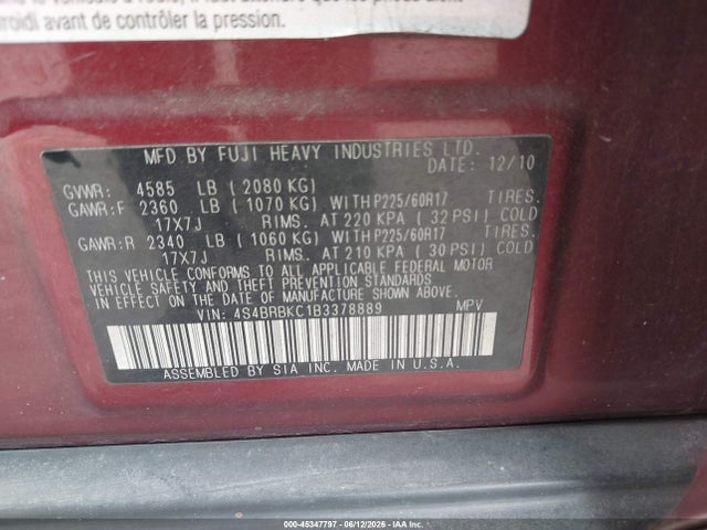 Aukcja sprzedaży 2011 Subaru Outback 2.5i Limited, vin: 4S4BRBKC1B3378889, numer aukcji: 45347797