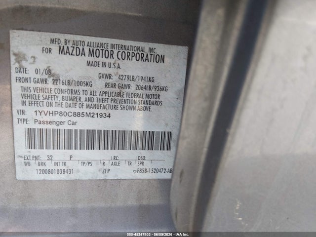Aukcja sprzedaży 2008 Mazda Mazda6 I Sport Ve, vin: 1YVHP80C885M21934, numer aukcji: 45347803