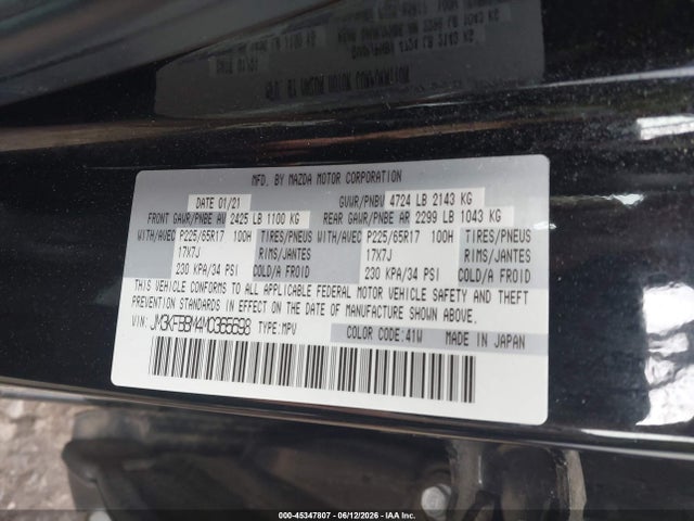 45347807 :رقم المزاد ، JM3KFBBM4M0365698 vin ، 2021 Mazda Cx-5 Sport مزاد بيع