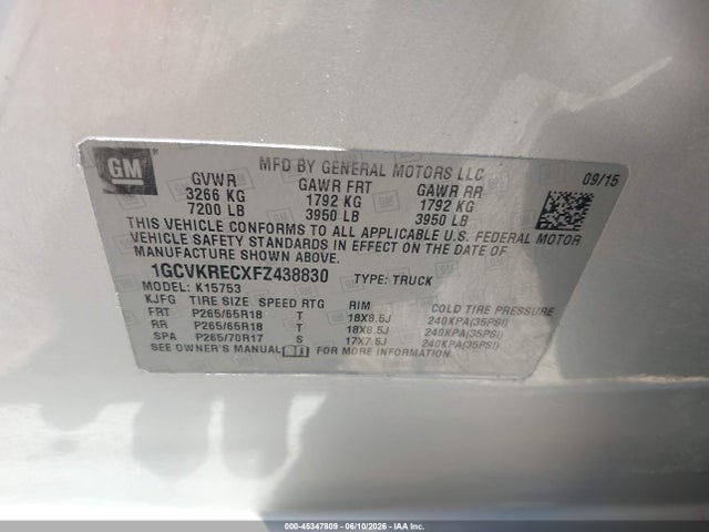Продажа на аукционе авто 2015 Chevrolet Silverado 1500 2lt, vin: 1GCVKRECXFZ438830, номер лота: 45347809