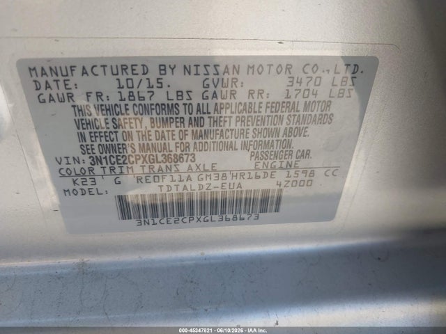 Aukcja sprzedaży 2016 Nissan Versa Note S (sr)/s Plus/sl/sr/sv, vin: 3N1CE2CPXGL368673, numer aukcji: 45347821