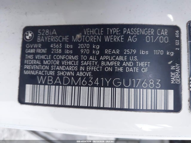 Aukcja sprzedaży 2000 Bmw 528ia, vin: WBADM6341YGU17683, numer aukcji: 45347826