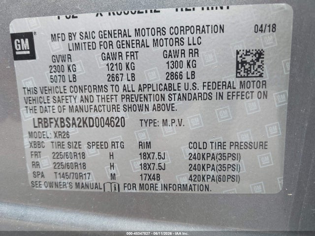 Продаж на аукціоні авто 2019 Buick Envision Fwd Preferred, vin: LRBFXBSA2KD004620, номер лоту: 45347827