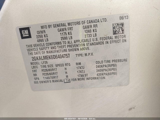 Продажа на аукционе авто 2013 Gmc Terrain Sle-1, vin: 2GKALMEK6D6404757, номер лота: 45347831