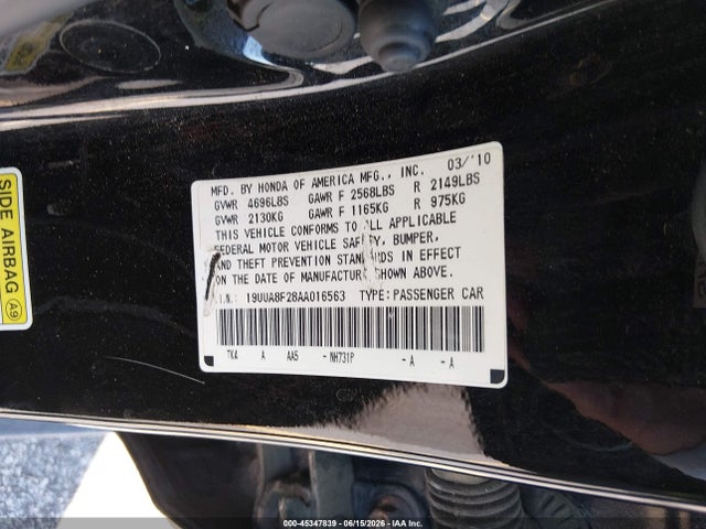 45347839 :رقم المزاد ، 19UUA8F28AA016563 vin ، 2010 Acura Tl 3.5 مزاد بيع