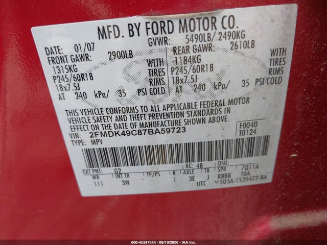 Aukcja sprzedaży 2007 Ford Edge Sel Plus, vin: 2FMDK49C87BA59723, numer aukcji: 45347844