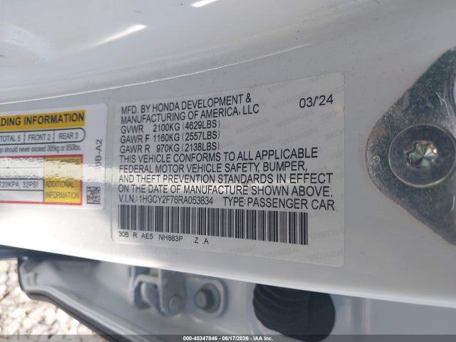 2024 Honda Accord Hybrid Sport-l მანქანა იყიდება აუქციონზე, vin: 1HGCY2F76RA053834, აუქციონის ნომერი: 45347846