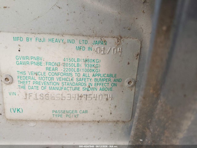 Aukcja sprzedaży 2004 Subaru Forester 2.5xs, vin: JF1SG65634H754074, numer aukcji: 45347849