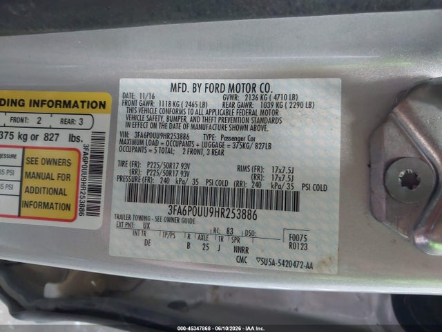 3FA6P0UU9HR253886 Ford Fusion Hybrid S