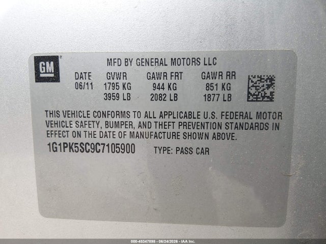 2012 Chevrolet Cruze Eco მანქანა იყიდება აუქციონზე, vin: 1G1PK5SC9C7105900, აუქციონის ნომერი: 45347898