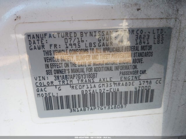 Aukcja sprzedaży 2016 Nissan Sentra Sv, vin: 3N1AB7AP7GY318087, numer aukcji: 45347899