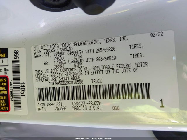 5TFNA5DB2NX018588 Toyota Tundra Platinum