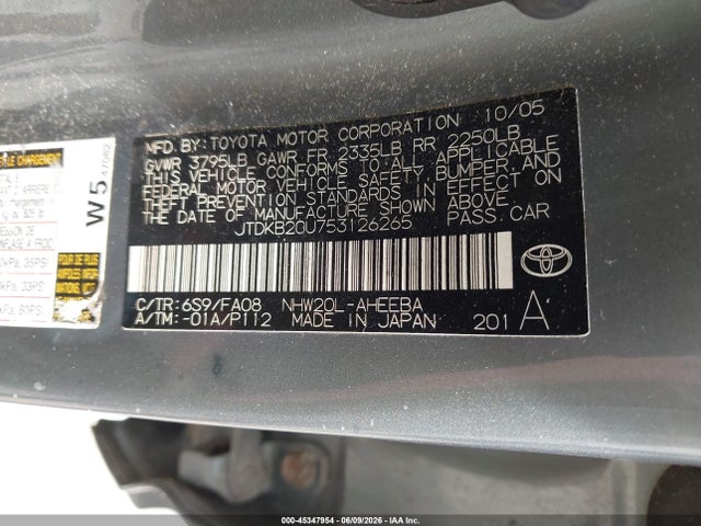 2005 Toyota Prius მანქანა იყიდება აუქციონზე, vin: JTDKB20U753126265, აუქციონის ნომერი: 45347954
