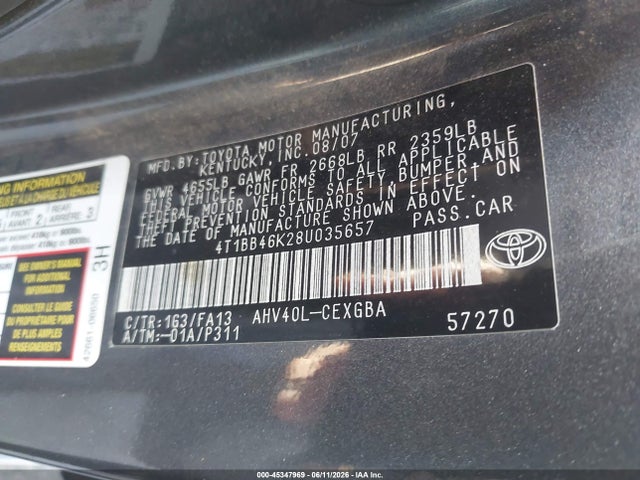 45347969 :رقم المزاد ، 4T1BB46K28U035657 vin ، 2008 Toyota Camry Hybrid مزاد بيع