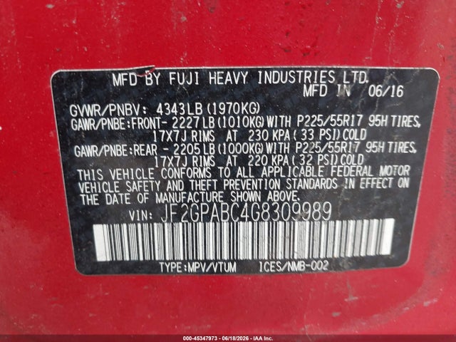 45347973 :رقم المزاد ، JF2GPABC4G8309989 vin ، 2016 Subaru Crosstrek 2.0i Premium مزاد بيع