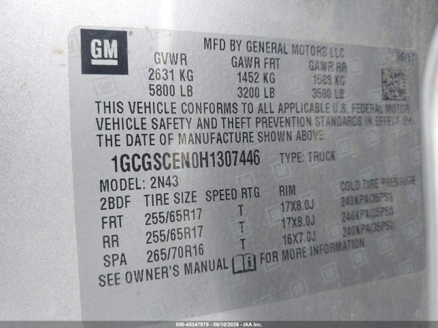 Aukcja sprzedaży 2017 Chevrolet Colorado Lt, vin: 1GCGSCEN0H1307446, numer aukcji: 45347979