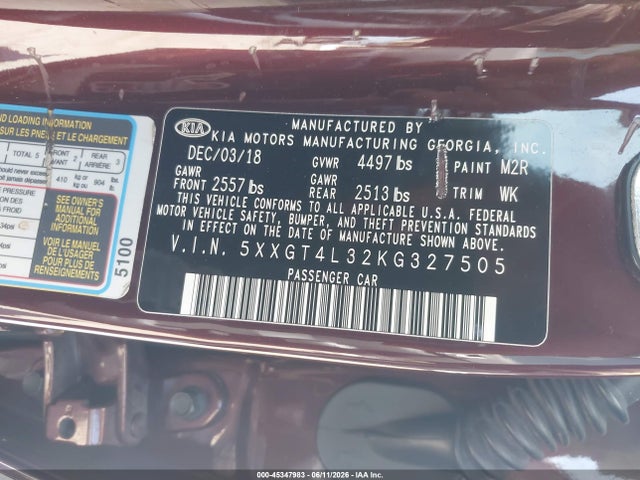 KIA Optima Lx 2019 5XXGT4L32KG327505 Image 9