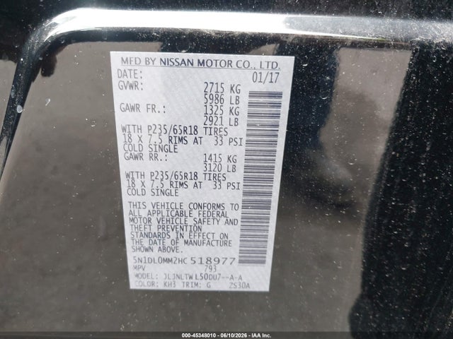 2017 Infiniti Qx60 მანქანა იყიდება აუქციონზე, vin: 5N1DL0MM2HC518977, აუქციონის ნომერი: 45348010