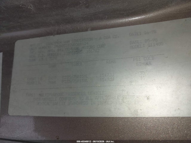 45348012 :رقم المزاد ، 1GBFG15R5W1106762 vin ، 1998 Chevrolet Chevy Van G1500 مزاد بيع