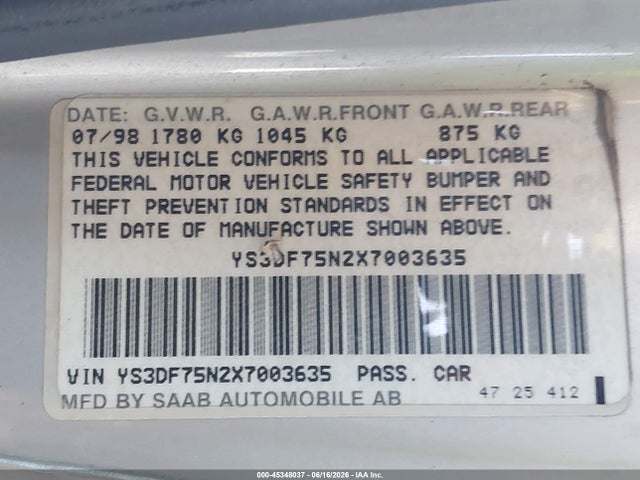 Продажа на аукционе авто 1999 Saab 9-3 Se, vin: YS3DF75N2X7003635, номер лота: 45348037