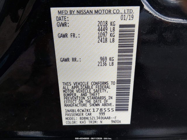 45348055 :رقم المزاد ، 1N4BL4CW2KC178555 vin ، 2019 Nissan Altima 2.5 Sr مزاد بيع