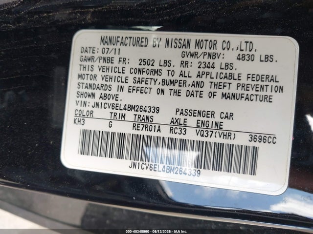 Продаж на аукціоні авто 2011 Infiniti G37x, vin: JN1CV6EL4BM264339, номер лоту: 45348060