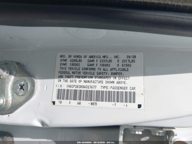 Продажа на аукционе авто 2009 Honda Accord 2.4 Lx, vin: 1HGCP263X9A027477, номер лота: 45348064
