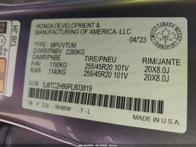 45348068 :رقم المزاد ، 5J8TC2H86PL803819 vin ، 2023 Acura Rdx A-spec Advance Package مزاد بيع