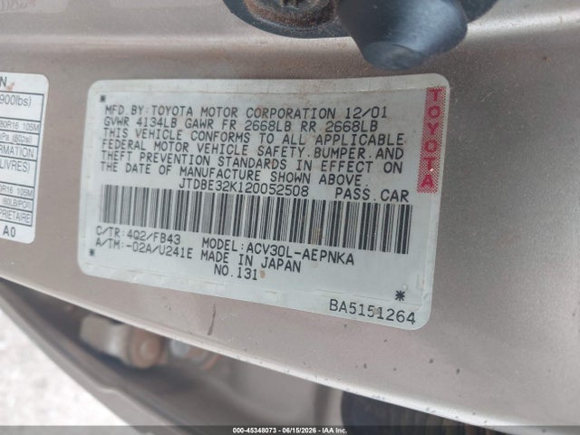 Aukcja sprzedaży 2002 Toyota Camry Le, vin: JTDBE32K120052508, numer aukcji: 45348073