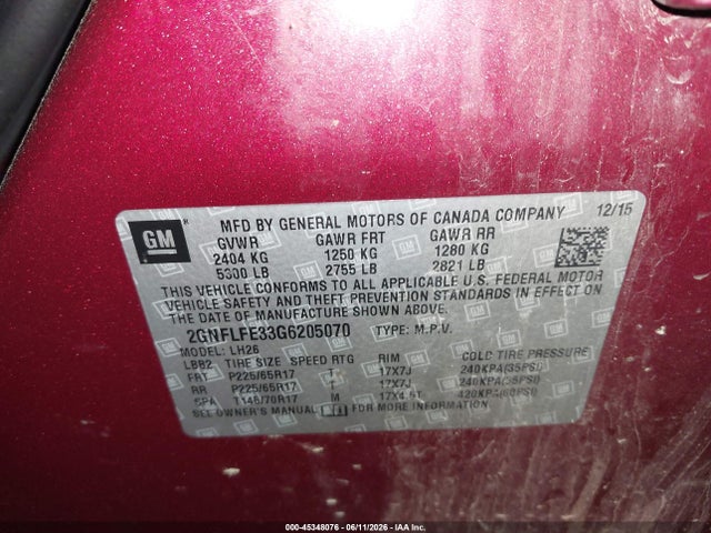 45348076 :رقم المزاد ، 2GNFLFE33G6205070 vin ، 2016 Chevrolet Equinox Lt مزاد بيع