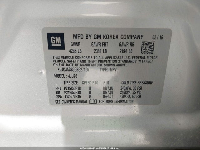 Aukcja sprzedaży 2016 Buick Encore, vin: KL4CJASB5GB627106, numer aukcji: 45348080