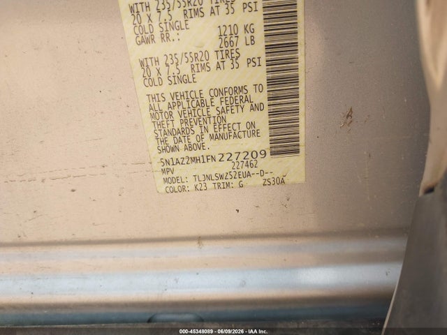 45348089 :رقم المزاد ، 5N1AZ2MH1FN227209 vin ، 2015 Nissan Murano Platinum مزاد بيع