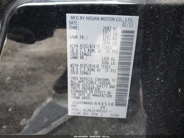 Aukcja sprzedaży 2013 Nissan Pathfinder Sv, vin: 5N1AR2MM4DC644538, numer aukcji: 45348099