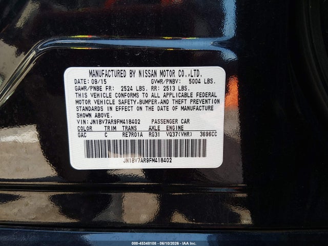 Продажа на аукционе авто 2015 Infiniti Q50 Premium, vin: JN1BV7AR9FM418402, номер лота: 45348108
