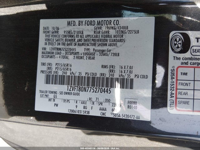 45348116 :رقم المزاد ، 1ZVFT80N775270445 vin ، 2007 Ford Mustang V6 Deluxe/v6 Premium مزاد بيع