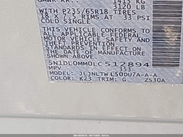 Aukcja sprzedaży 2020 Infiniti Qx60 Luxe Awd, vin: 5N1DL0MM0LC512894, numer aukcji: 45348124