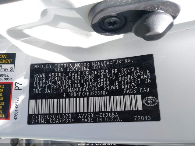 4T1BD1FK7HU225107 Toyota Camry Hybrid Xle
