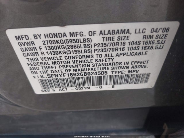 Aukcja sprzedaży 2006 Honda Pilot Ex-l, vin: 5FNYF18626B024505, numer aukcji: 45348149
