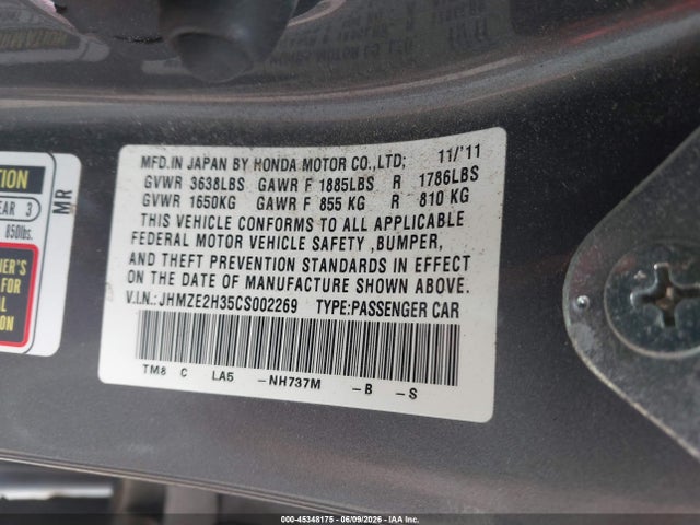 45348175 :رقم المزاد ، JHMZE2H35CS002269 vin ، 2012 Honda Insight مزاد بيع