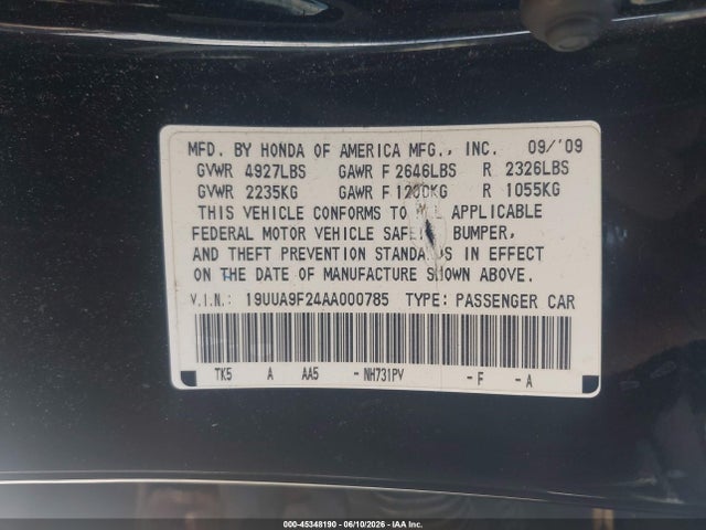 2010 Acura Tl 3.7 მანქანა იყიდება აუქციონზე, vin: 19UUA9F24AA000785, აუქციონის ნომერი: 45348190