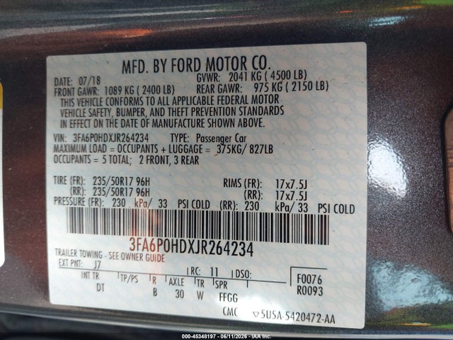 Ford FUSION SE 2018 3FA6P0HDXJR264234 Image 9