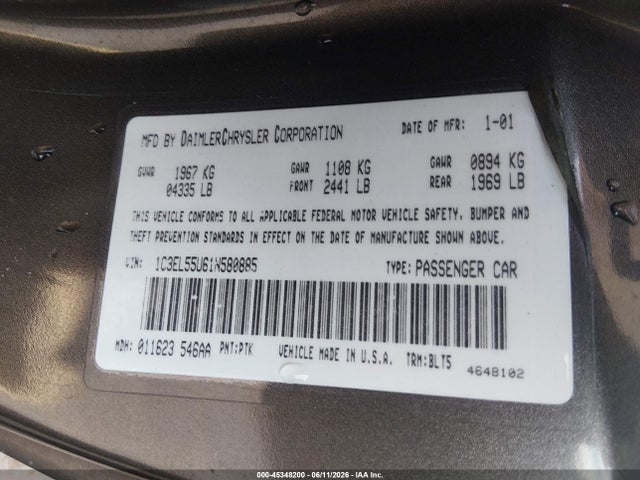 Продаж на аукціоні авто 2001 Chrysler Sebring Lxi, vin: 1C3EL55U61N580885, номер лоту: 45348200