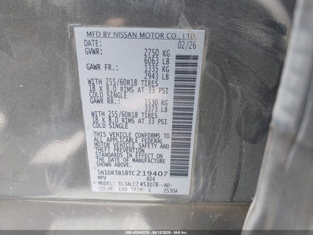 45348228 :رقم المزاد ، 5N1DR3BS8TC219407 vin ، 2026 Nissan Pathfinder Sv مزاد بيع