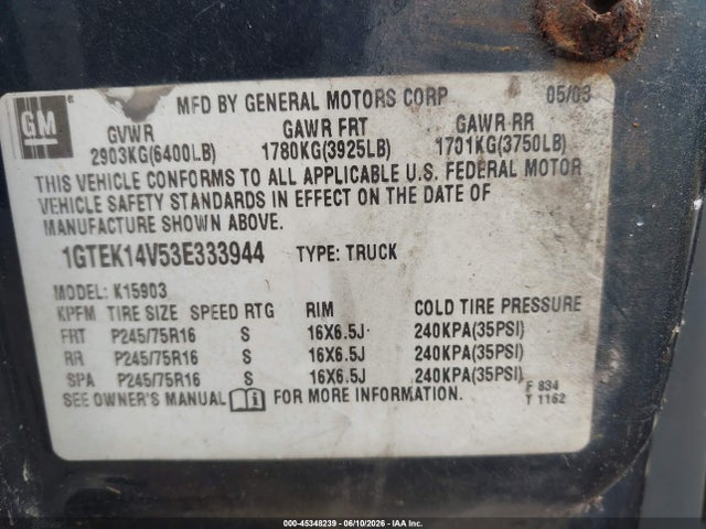 45348239 :رقم المزاد ، 1GTEK14V53E333944 vin ، 2003 Gmc Sierra 1500 Work Truck مزاد بيع
