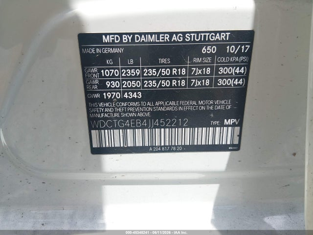 Aukcja sprzedaży 2018 Mercedes-benz Gla 250, vin: WDCTG4EB4JJ452212, numer aukcji: 45348241