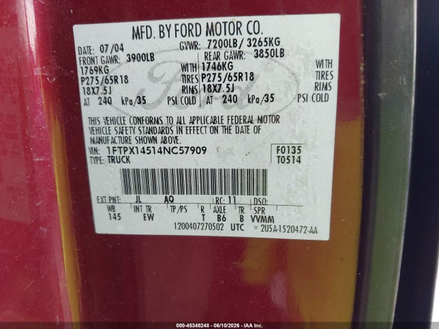 2004 Ford F-150 Fx4/lariat/xl/xlt მანქანა იყიდება აუქციონზე, vin: 1FTPX14514NC57909, აუქციონის ნომერი: 45348248