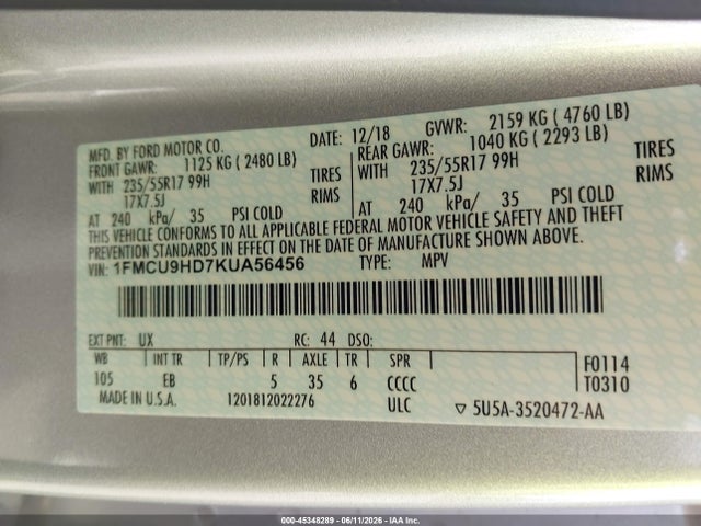 Aukcja sprzedaży 2019 Ford Escape Sel, vin: 1FMCU9HD7KUA56456, numer aukcji: 45348289