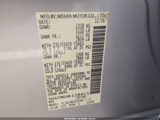 5N1AZ2MGXHN128415 Nissan Murano Platinum